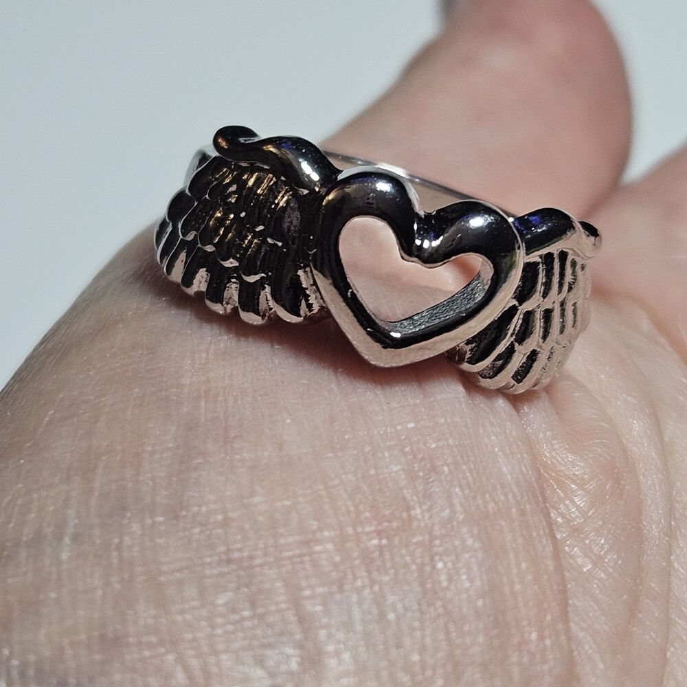 Silver Tone Heart Hugged By Angel Wings Fashion Ring Textured Size 9